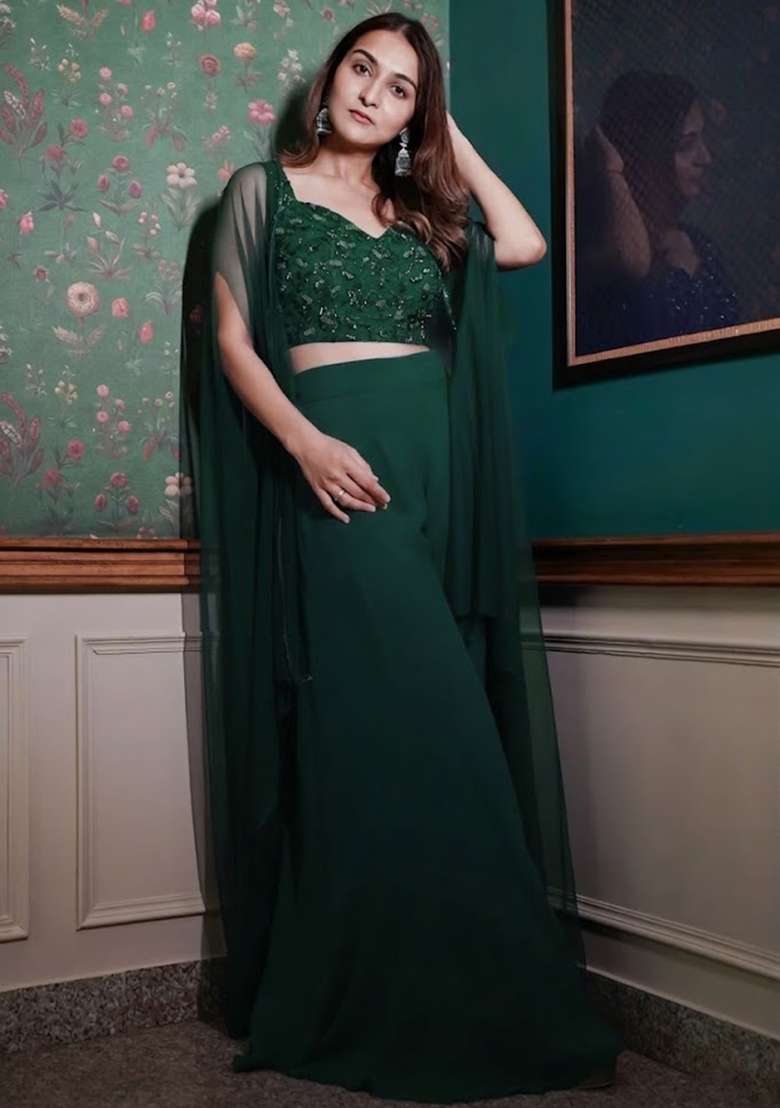Forest Green Georgette Handwork Fusion Set - Indya