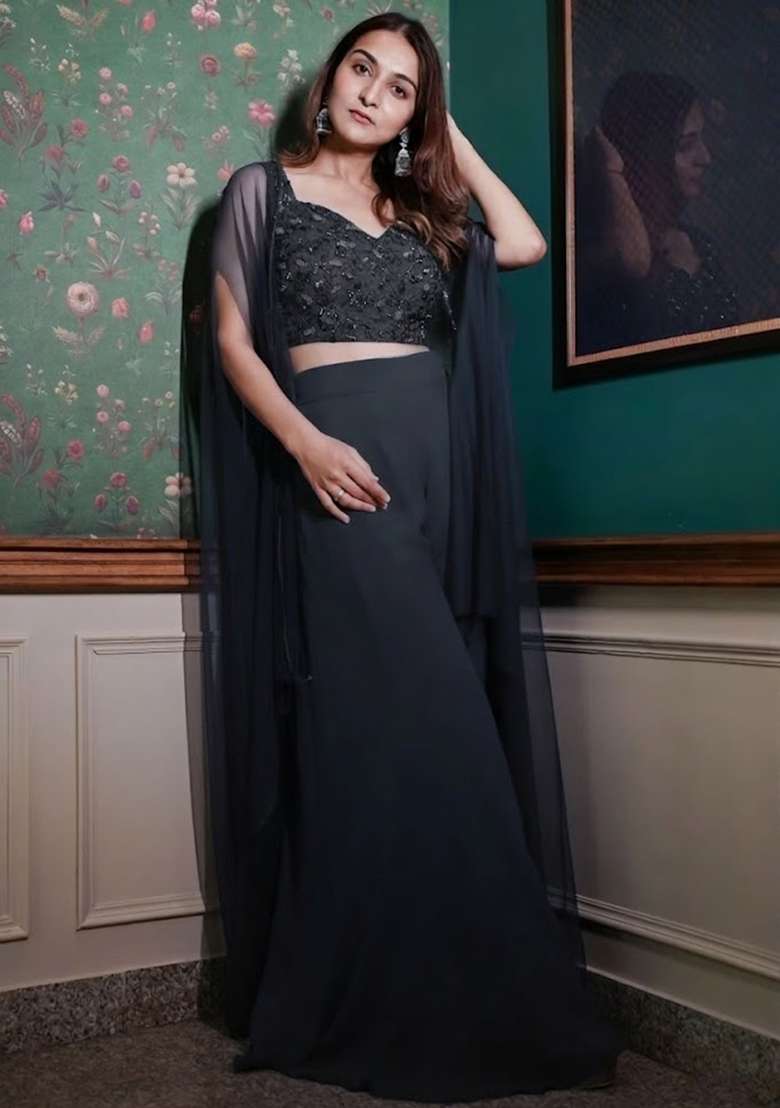 Black Georgette Handwork Fusion Set - Indya