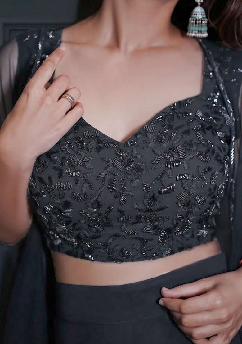 Black Georgette Handwork Fusion Set - Indya