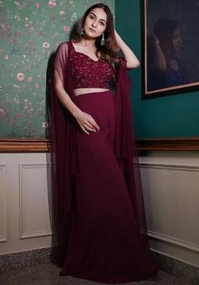 Deep Wine Georgette Handwork Fusion Set