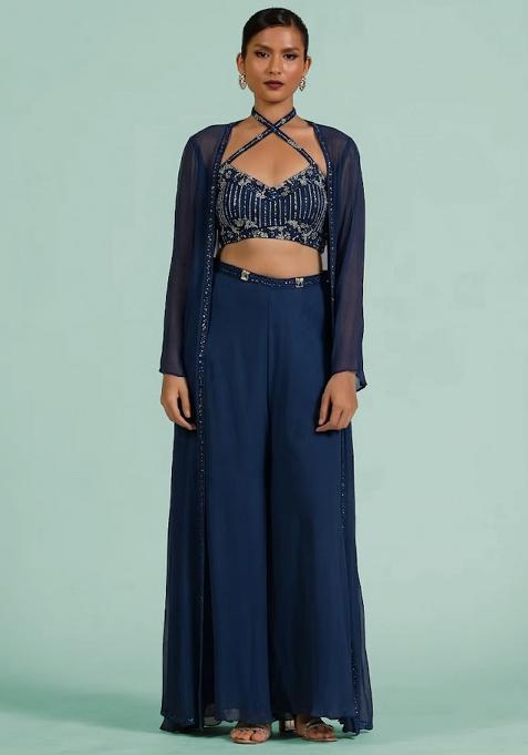 Navy Blue Georgette Handwork Fusion Set