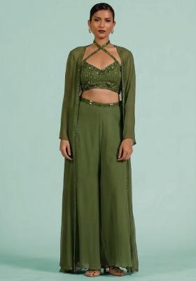 Olive Green Georgette Handwork Fusion Set
