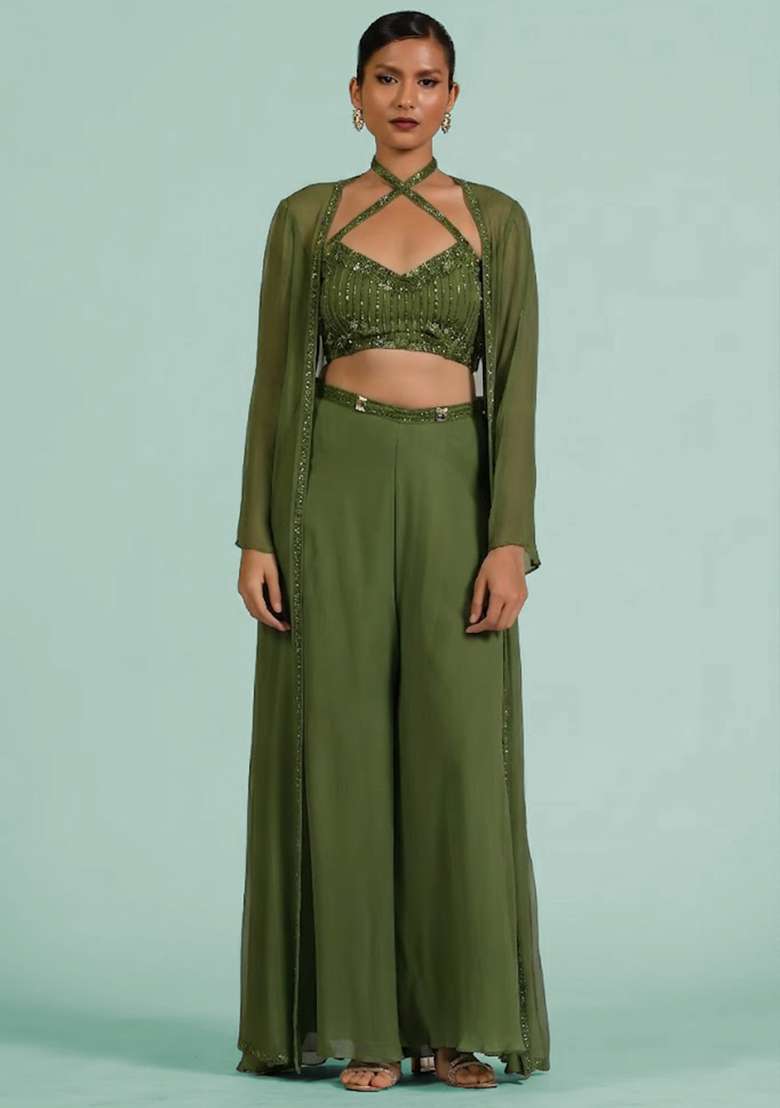 Olive Green Georgette Handwork Fusion Set - Indya