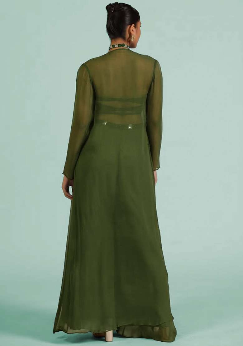 Olive Green Georgette Handwork Fusion Set - Indya