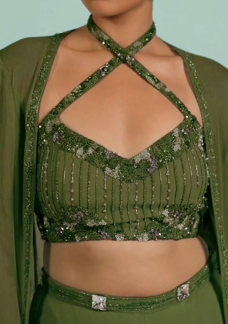 Olive Green Georgette Handwork Fusion Set - Indya