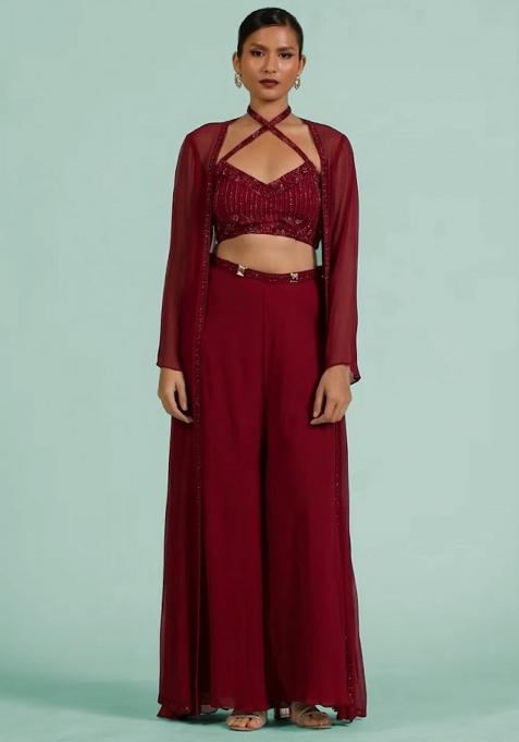 Deep Red Georgette Handwork Fusion Set