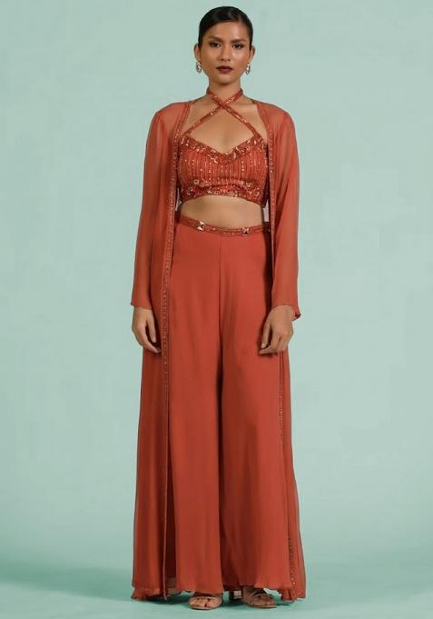 Peach Georgette Handwork Fusion Set