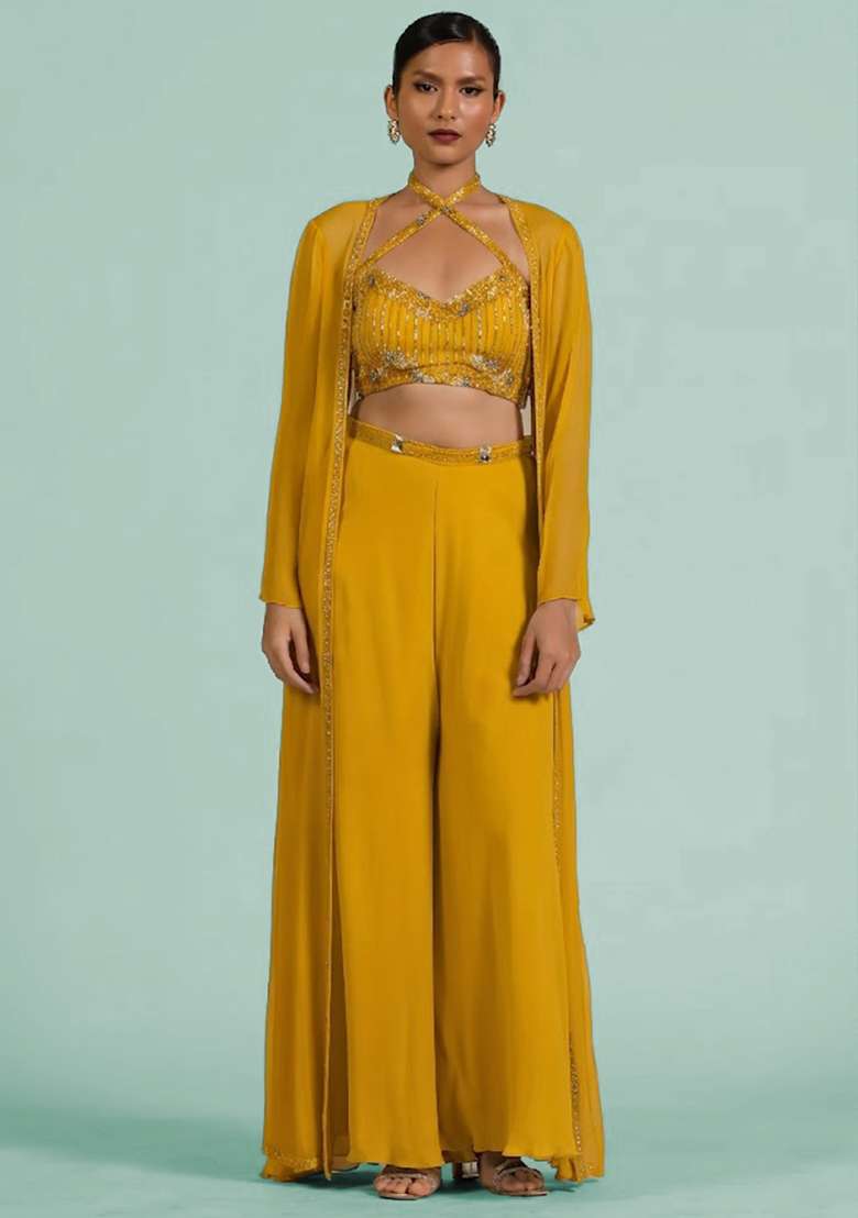 Mustard Georgette Handwork Fusion Set - Indya