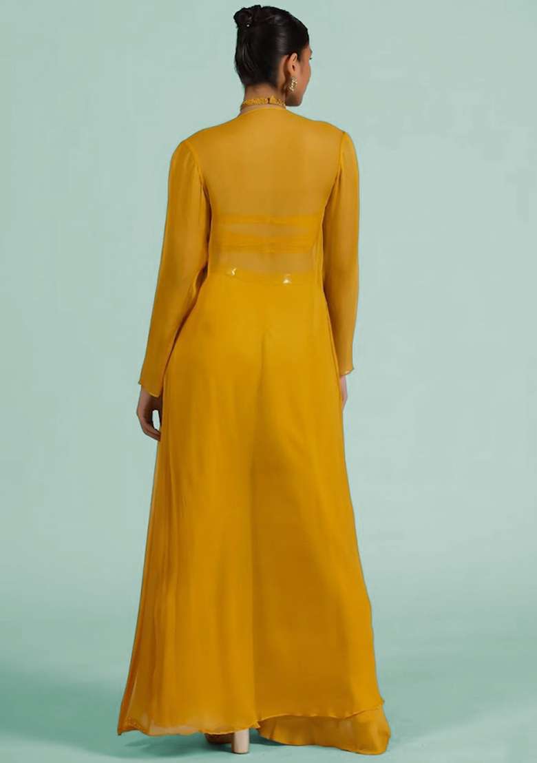 Mustard Georgette Handwork Fusion Set - Indya