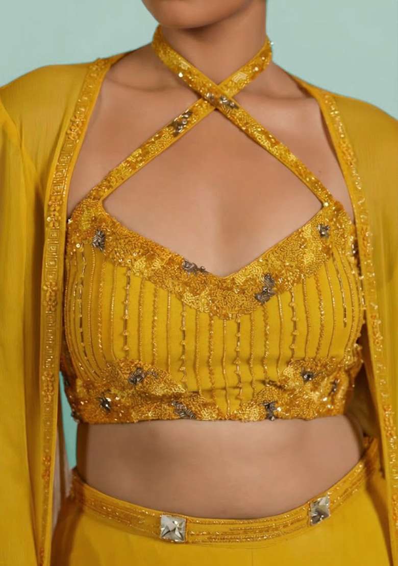 Mustard Georgette Handwork Fusion Set - Indya