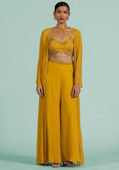 Mustard Georgette Handwork Fusion Set