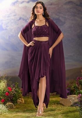 Wine Purple Georgette Handwork Fusion Set