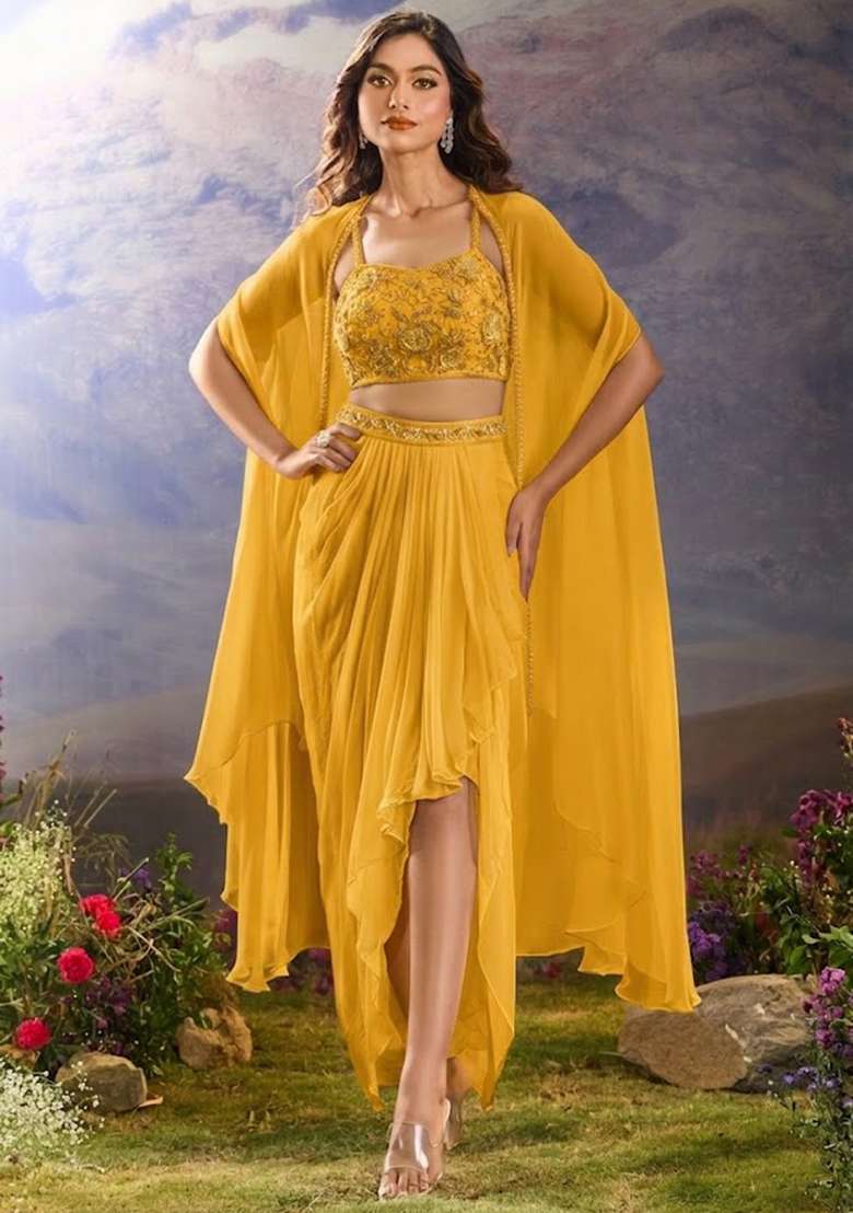 Mustard Georgette Handwork Fusion Set - Indya