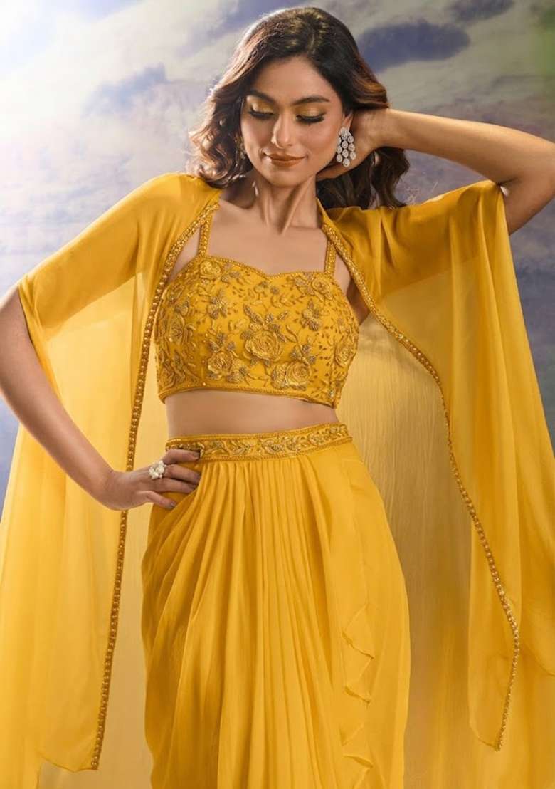 Mustard Georgette Handwork Fusion Set - Indya