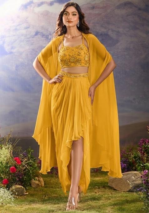 Mustard Georgette Handwork Fusion Set