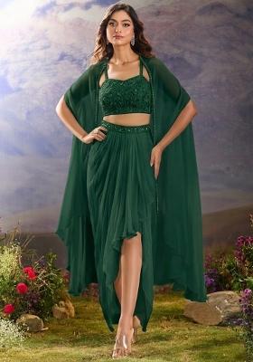 Bottle Green Georgette Handwork Fusion Set