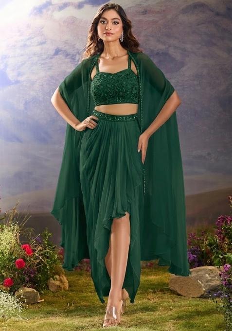 Bottle Green Georgette Handwork Fusion Set