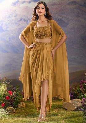 Mustard Georgette Handwork Fusion Set