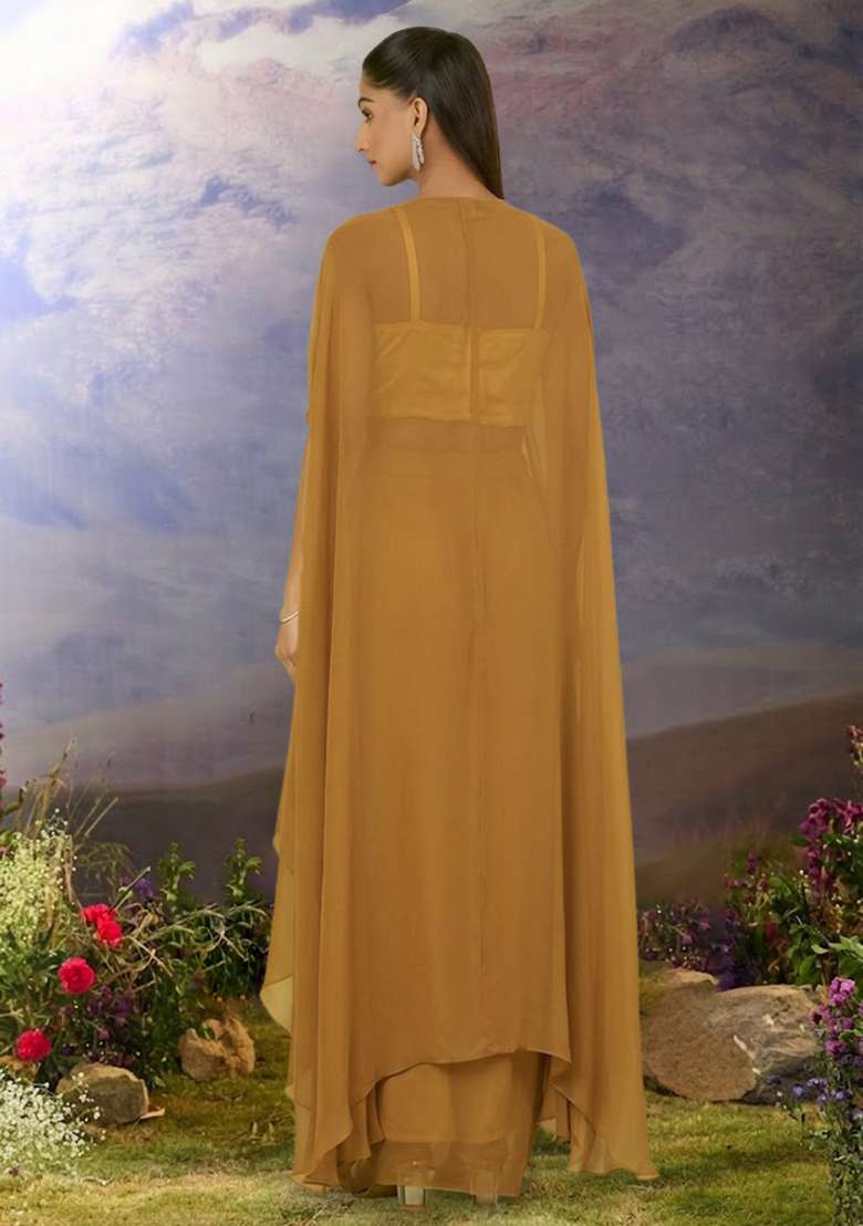 Mustard Georgette Handwork Fusion Set - Indya