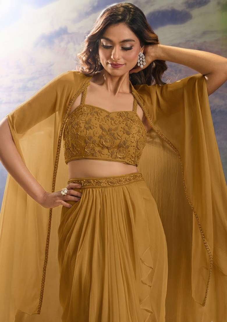 Mustard Georgette Handwork Fusion Set - Indya