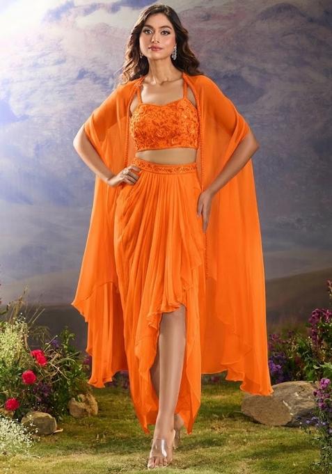Orange Georgette Handwork Fusion Set