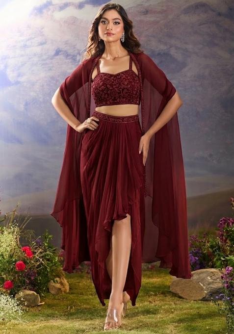 Deep Red Georgette Handwork Fusion Set