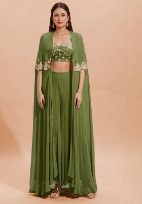 Olive Green Georgette Handwork Fusion Set