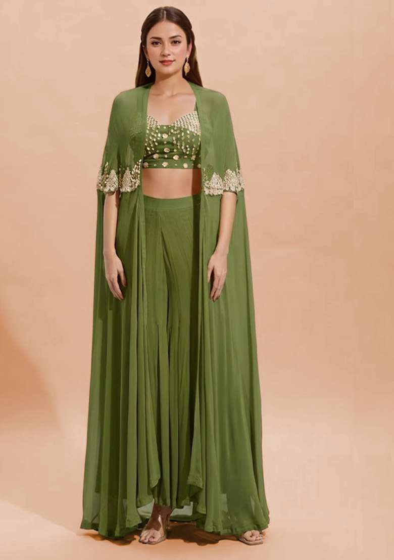 Olive Green Georgette Handwork Fusion Set - Indya