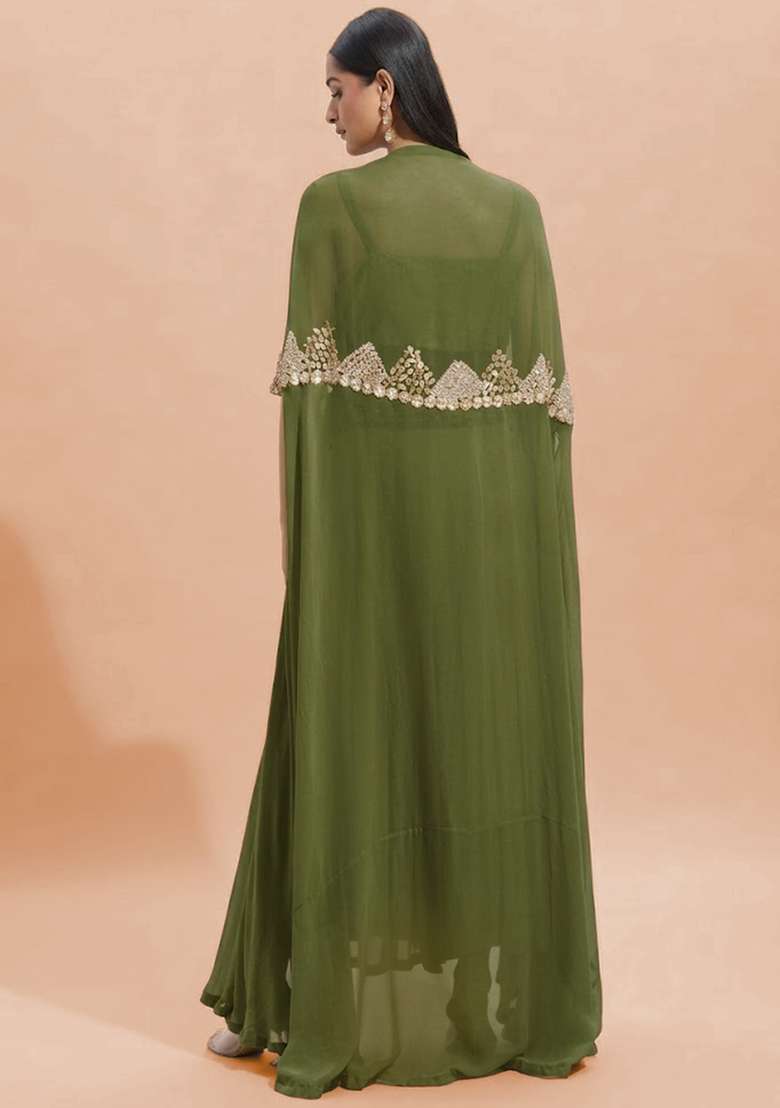 Olive Green Georgette Handwork Fusion Set - Indya