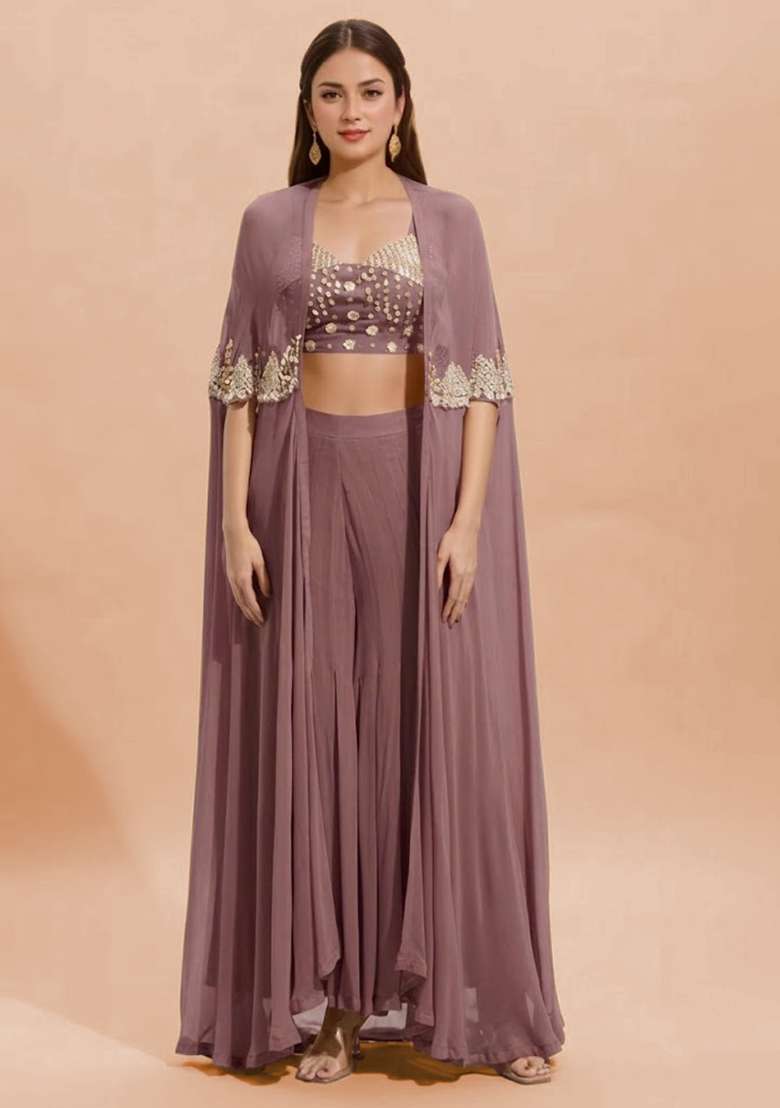 Mauve Georgette Handwork Fusion Set - Indya