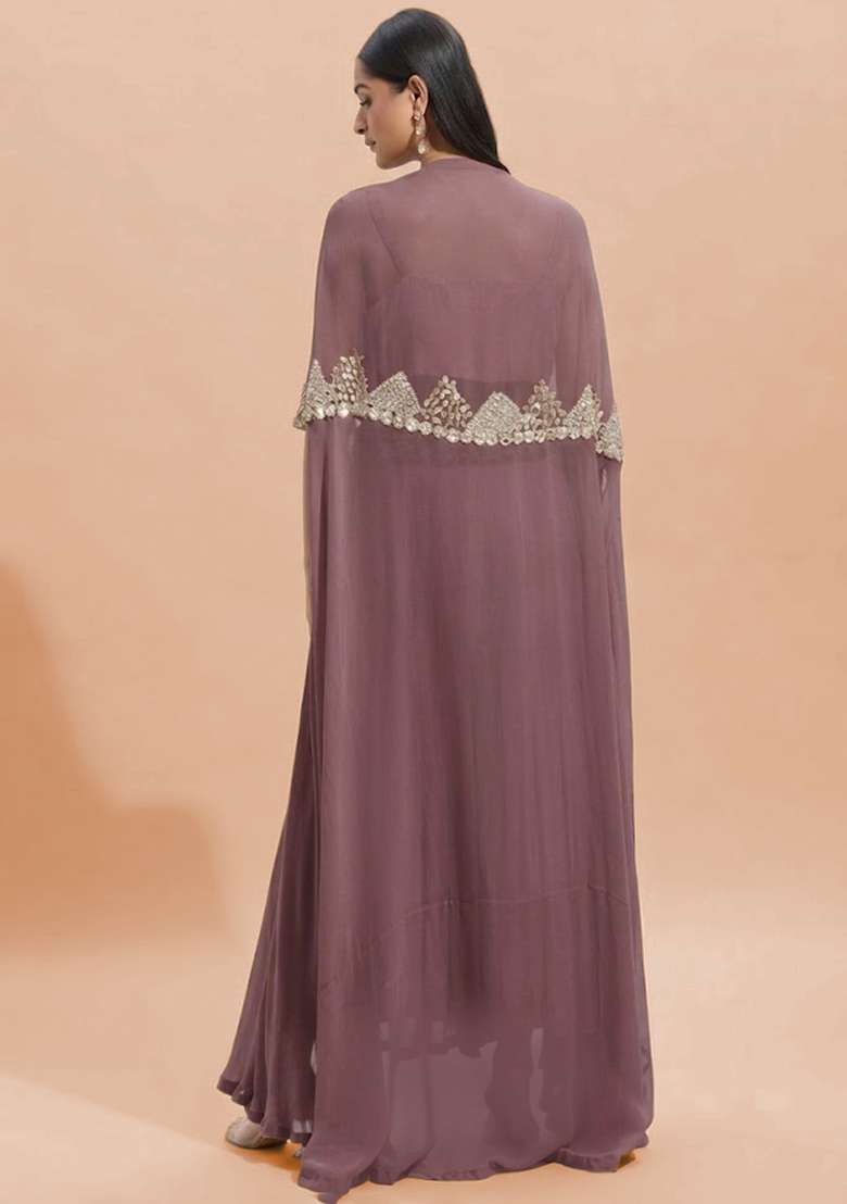 Mauve Georgette Handwork Fusion Set - Indya
