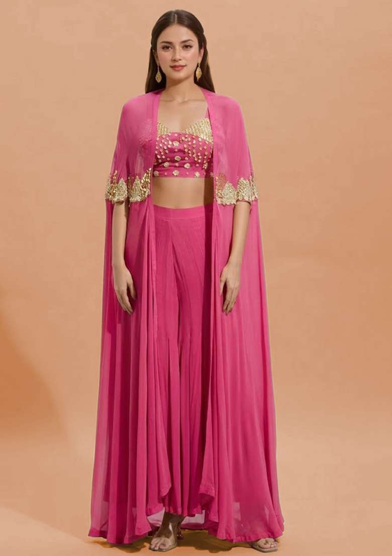 Pink Georgette Handwork Fusion Set - Indya