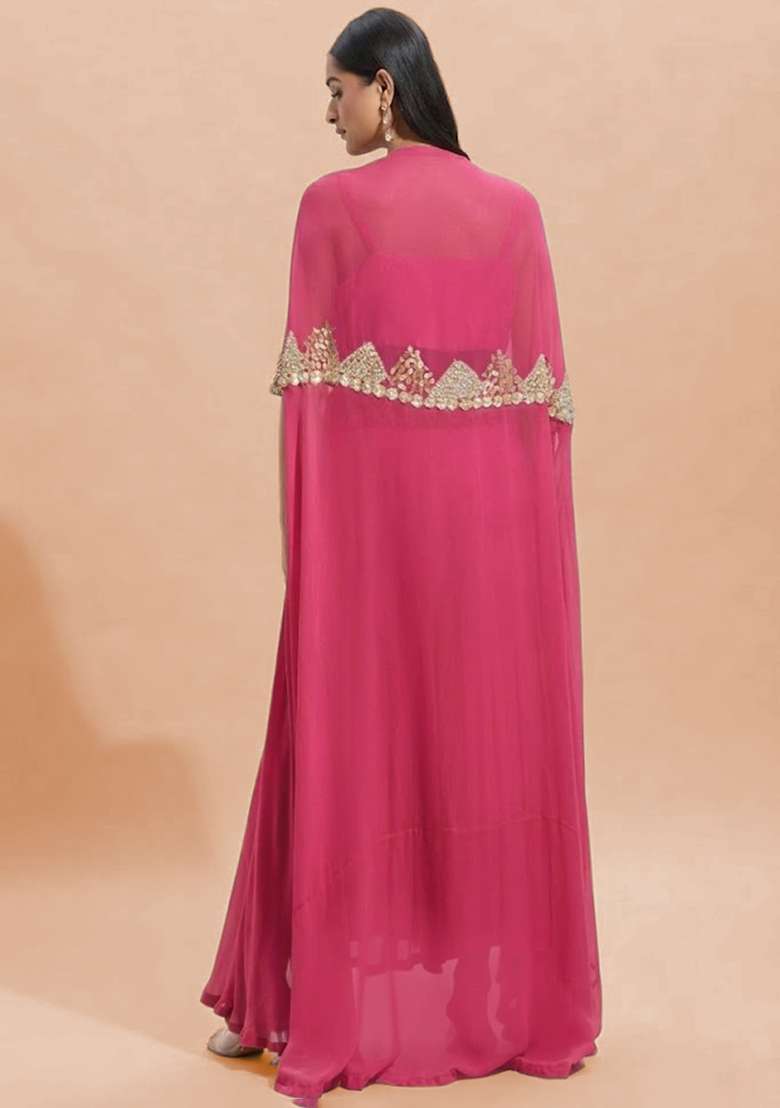Pink Georgette Handwork Fusion Set - Indya