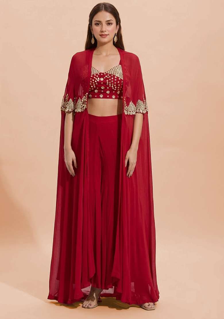 Red Georgette Handwork Fusion Set - Indya