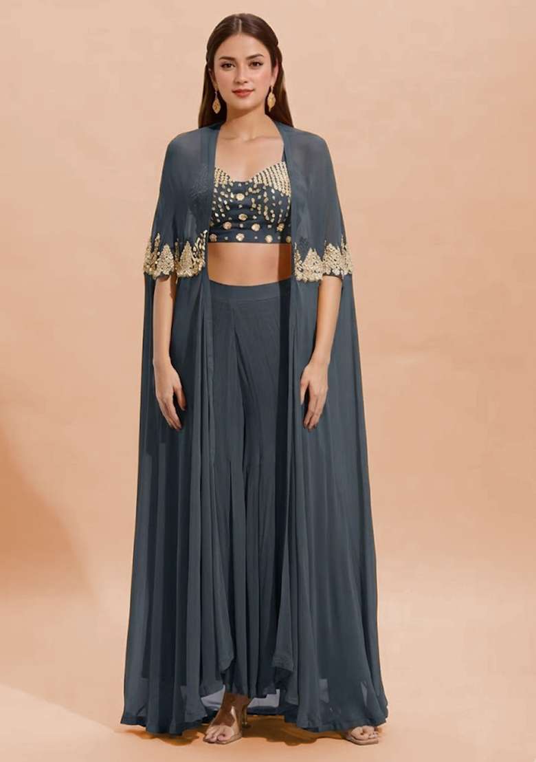 Steel Blue Georgette Handwork Fusion Set - Indya
