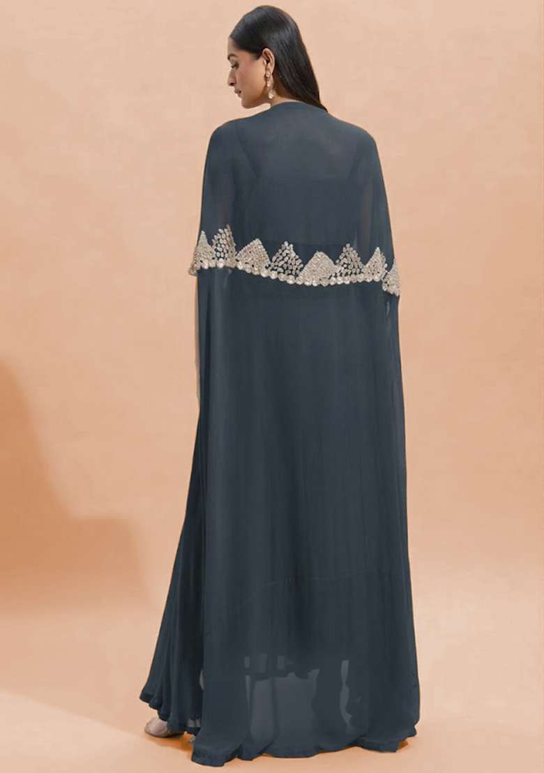 Steel Blue Georgette Handwork Fusion Set - Indya