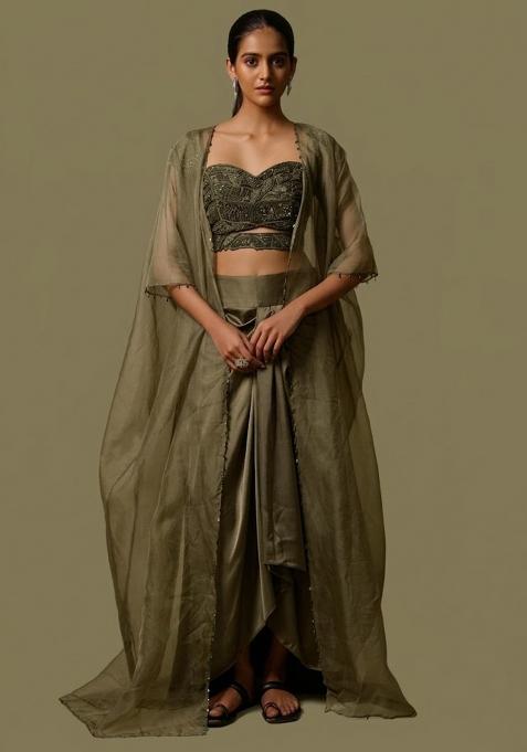 Olive Green Satin Handwork Fusion Set