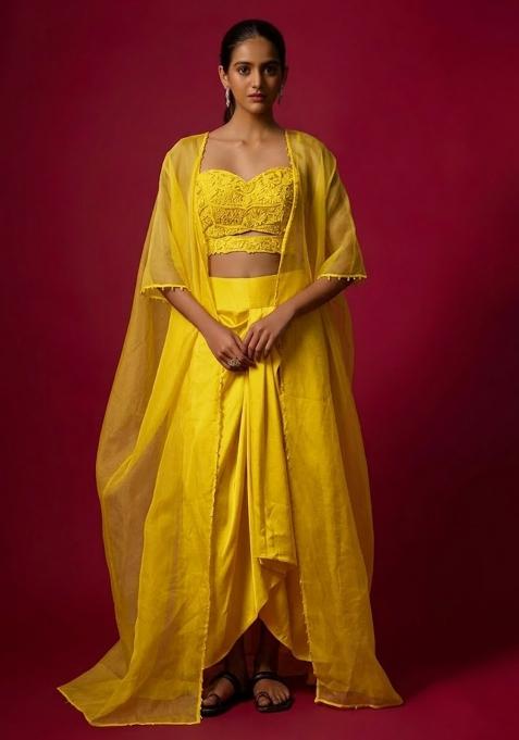 Yellow Satin Handwork Fusion Set