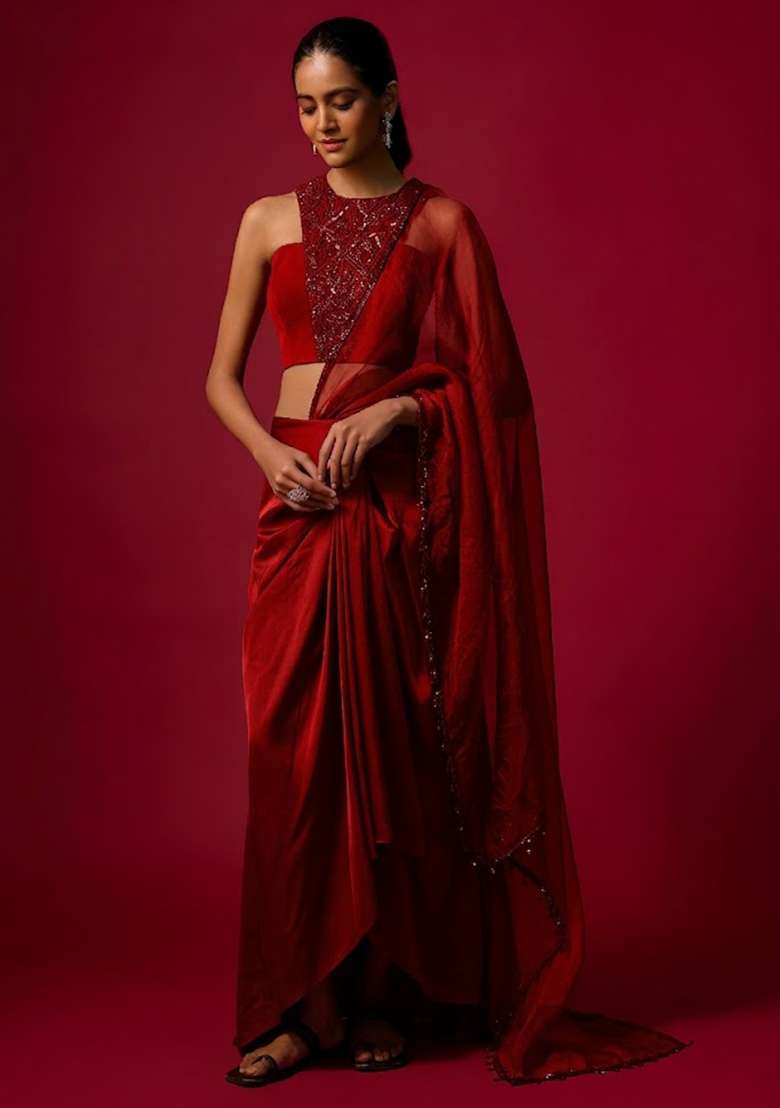 Bright Red Satin Handwork Pre Draped Saree Set - Indya