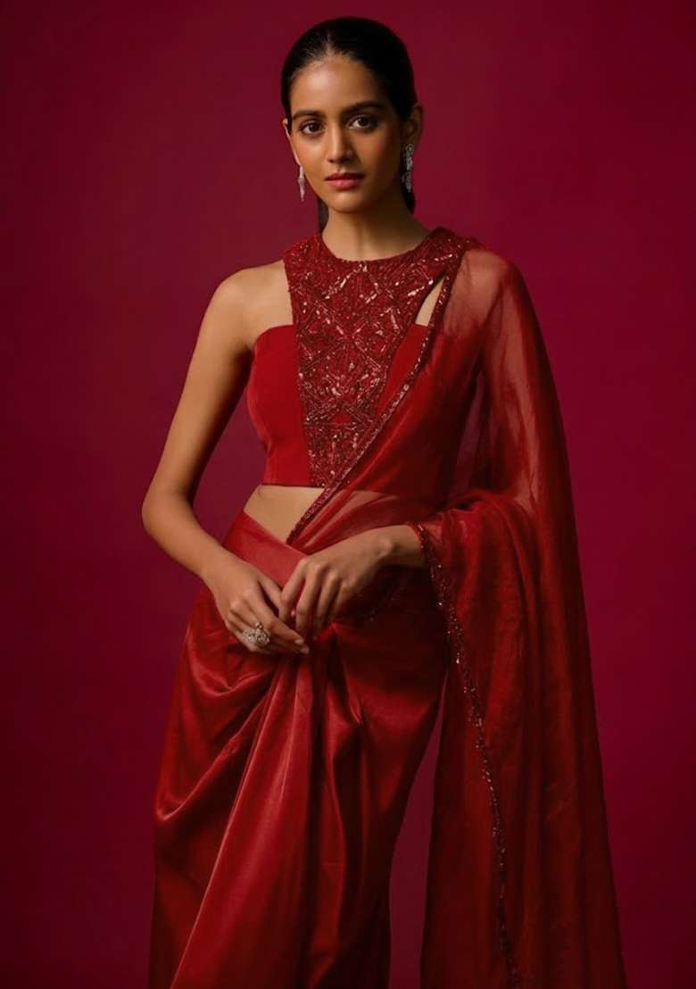 Bright Red Satin Handwork Pre Draped Saree Set - Indya