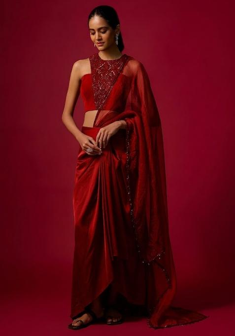 Bright Red Satin Handwork Pre Draped Saree Set