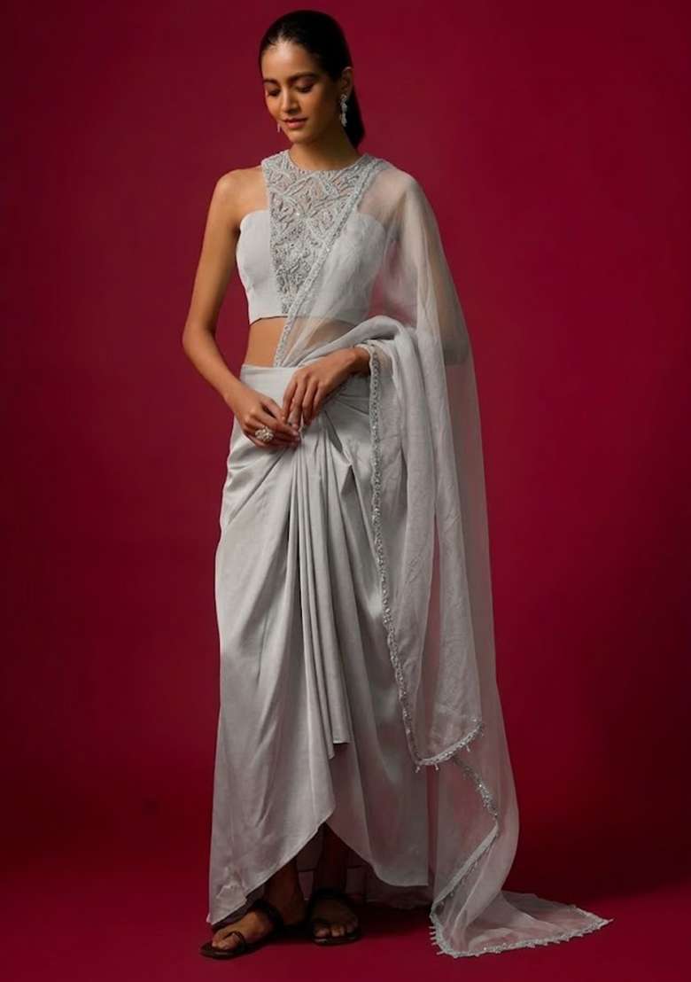 Off White Satin Handwork Pre Draped Saree Set - Indya