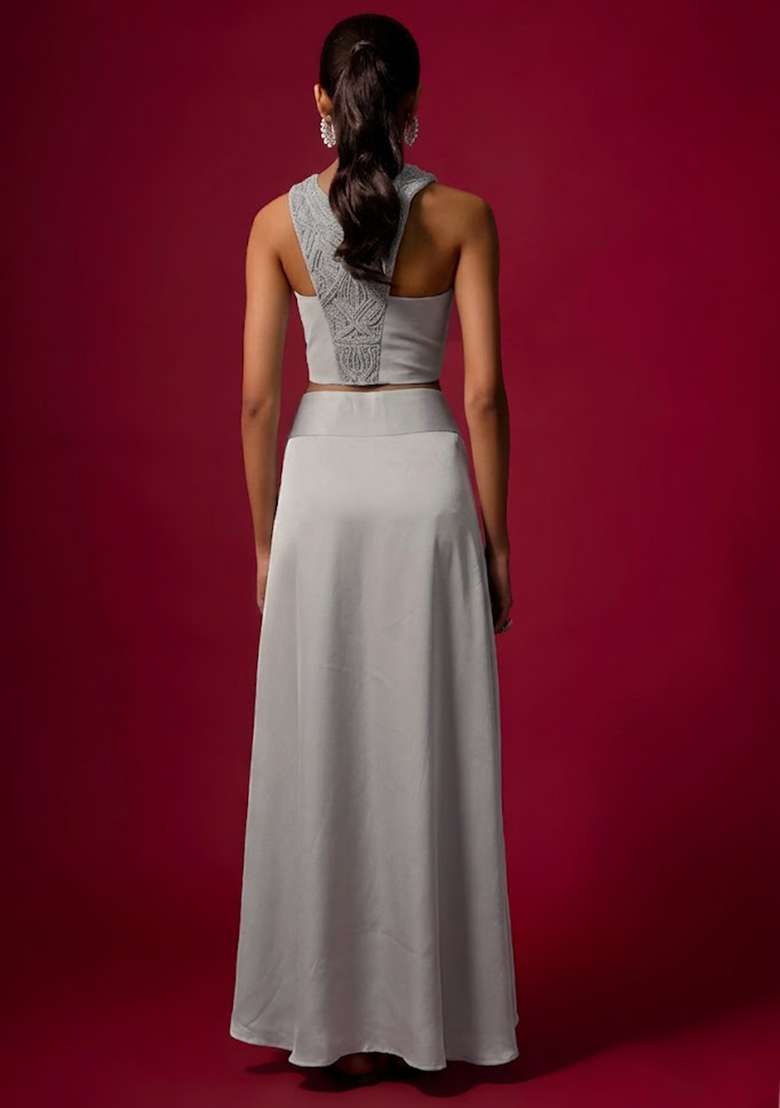 Off White Satin Handwork Pre Draped Saree Set - Indya