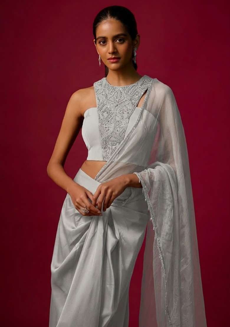 Off White Satin Handwork Pre Draped Saree Set - Indya