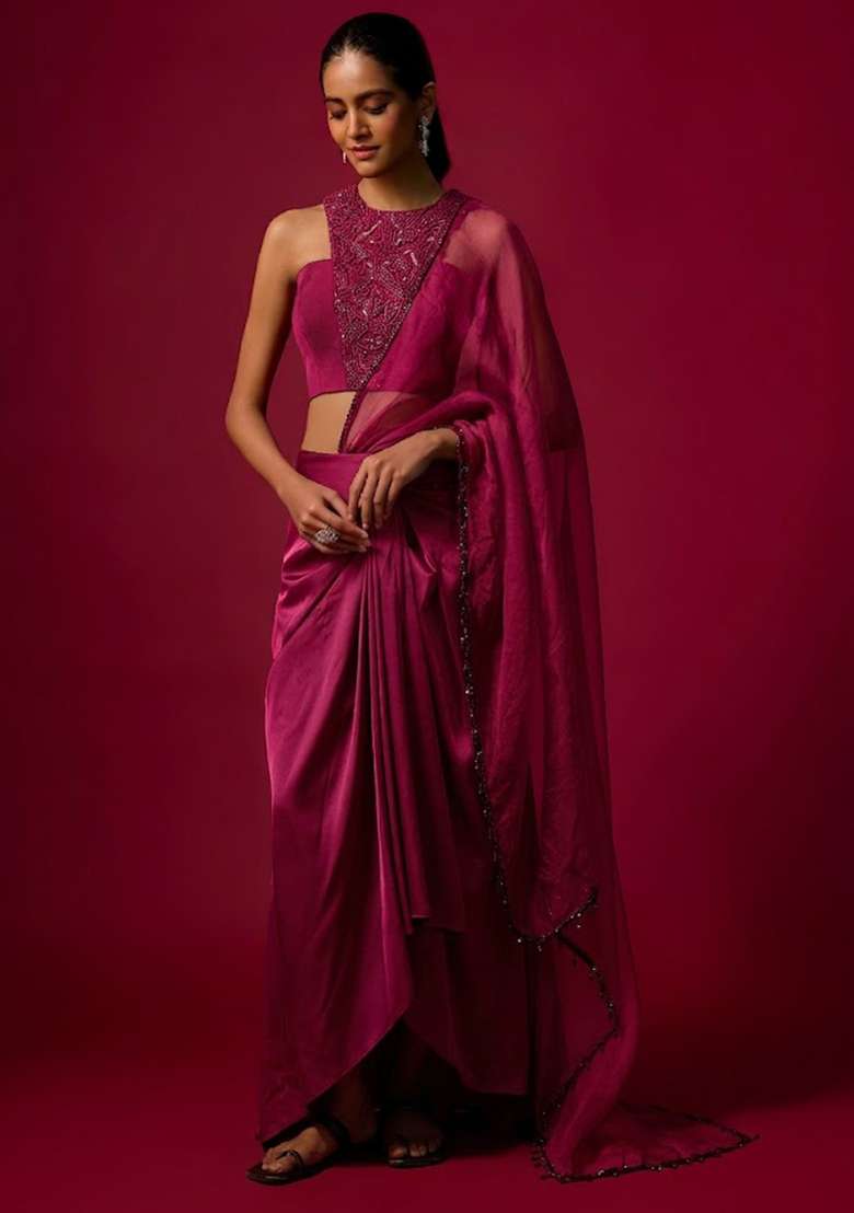 Rani Pink Satin Handwork Pre Draped Saree Set - Indya