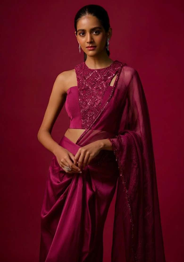 Rani Pink Satin Handwork Pre Draped Saree Set - Indya
