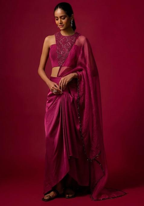 Rani Pink Satin Handwork Pre Draped Saree Set