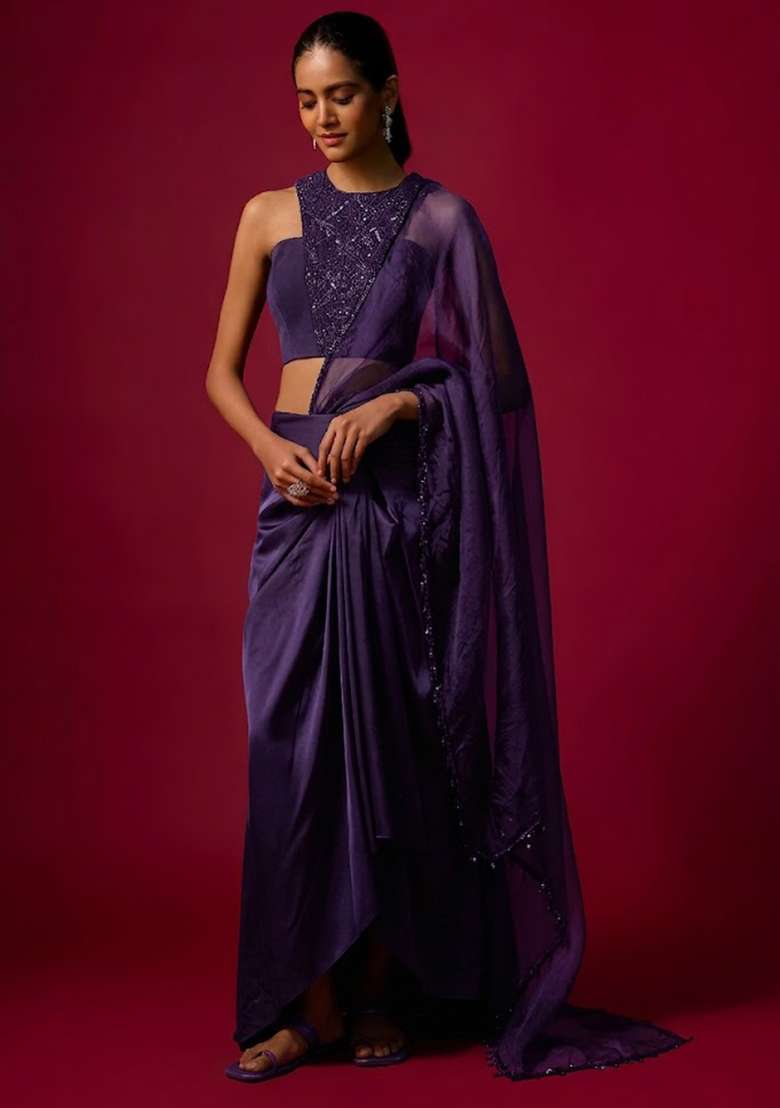 Purple Satin Handwork Pre Draped Saree Set - Indya