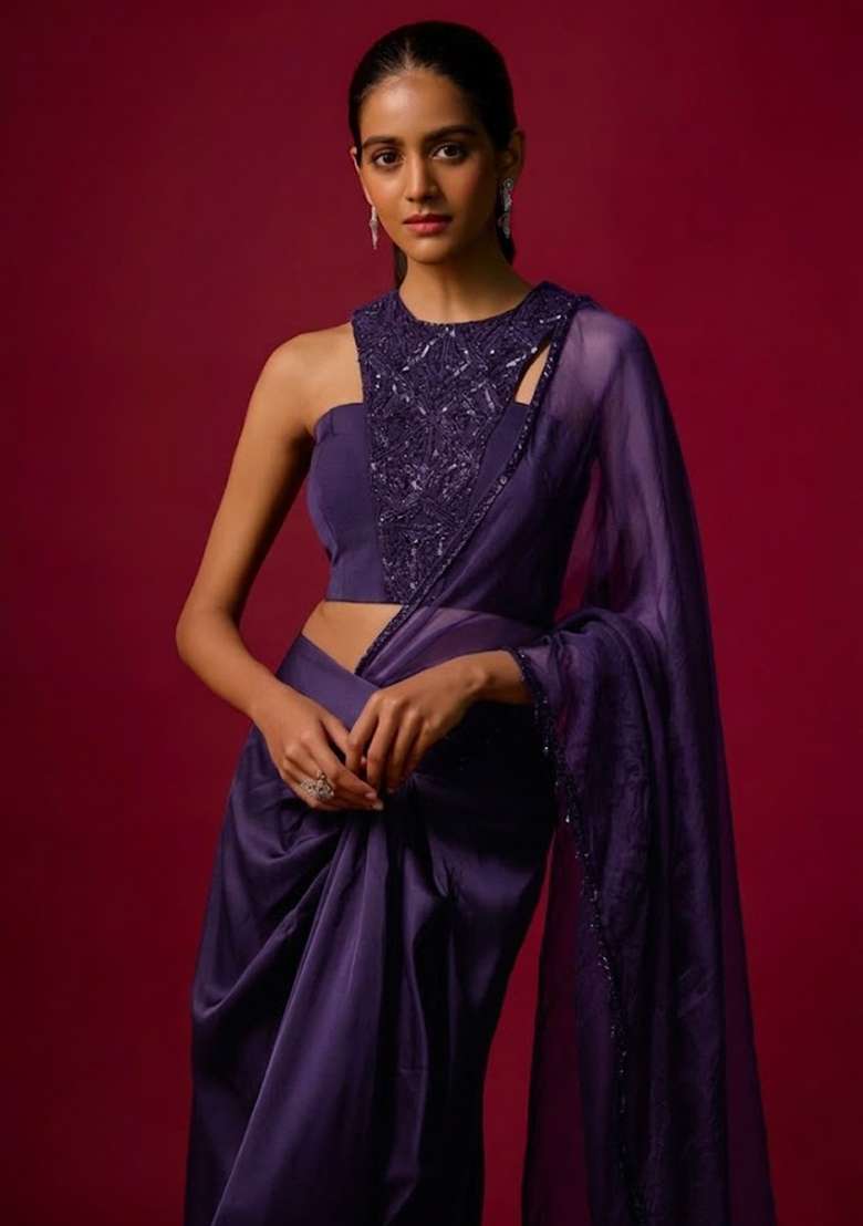 Purple Satin Handwork Pre Draped Saree Set - Indya