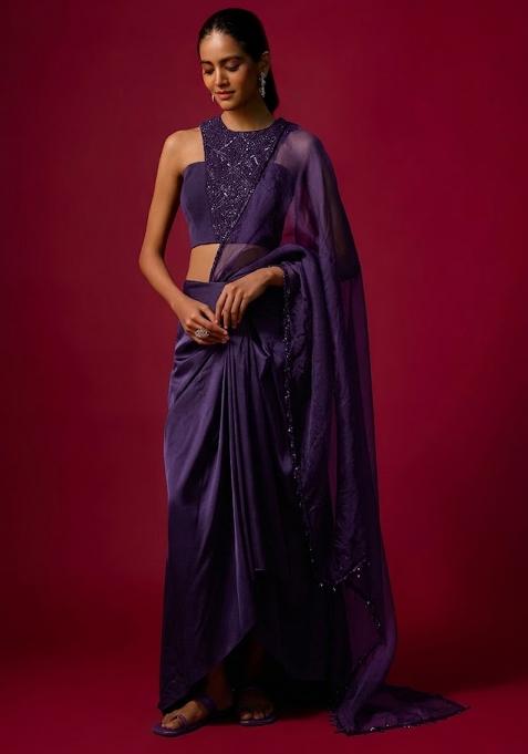 Purple Satin Handwork Pre Draped Saree Set